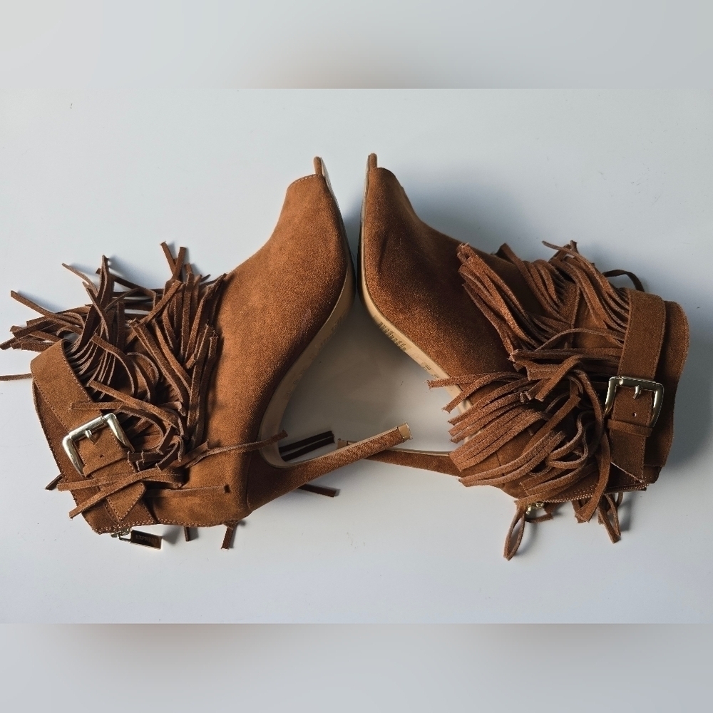 Express Boho Western Suede Fringe Peep Toe Brown Boots 7 - Picture 4 of 10